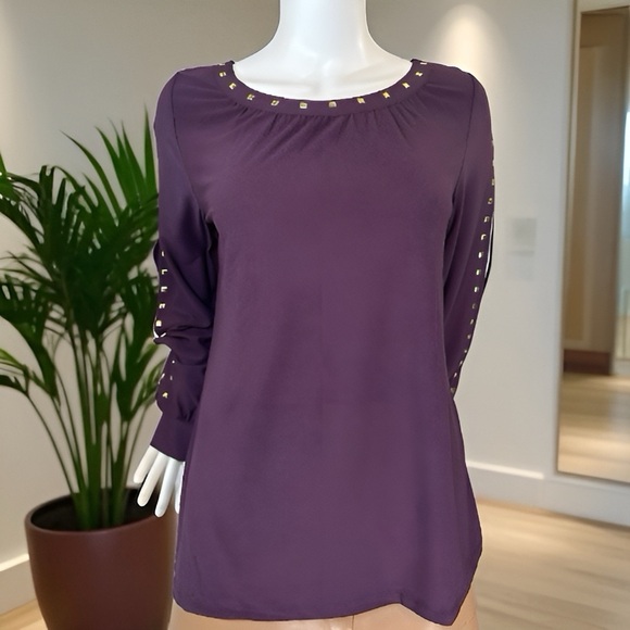 Women's By Design Purple Gold Stud Accent Open Sleeve Dress Top Blouse size L - Picture 1 of 6